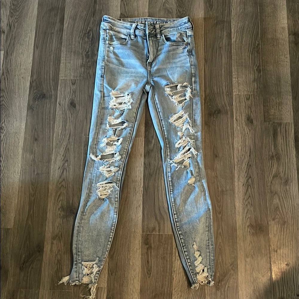 American Eagle Outfitters Blue Skinny Jeans with Distressed Details